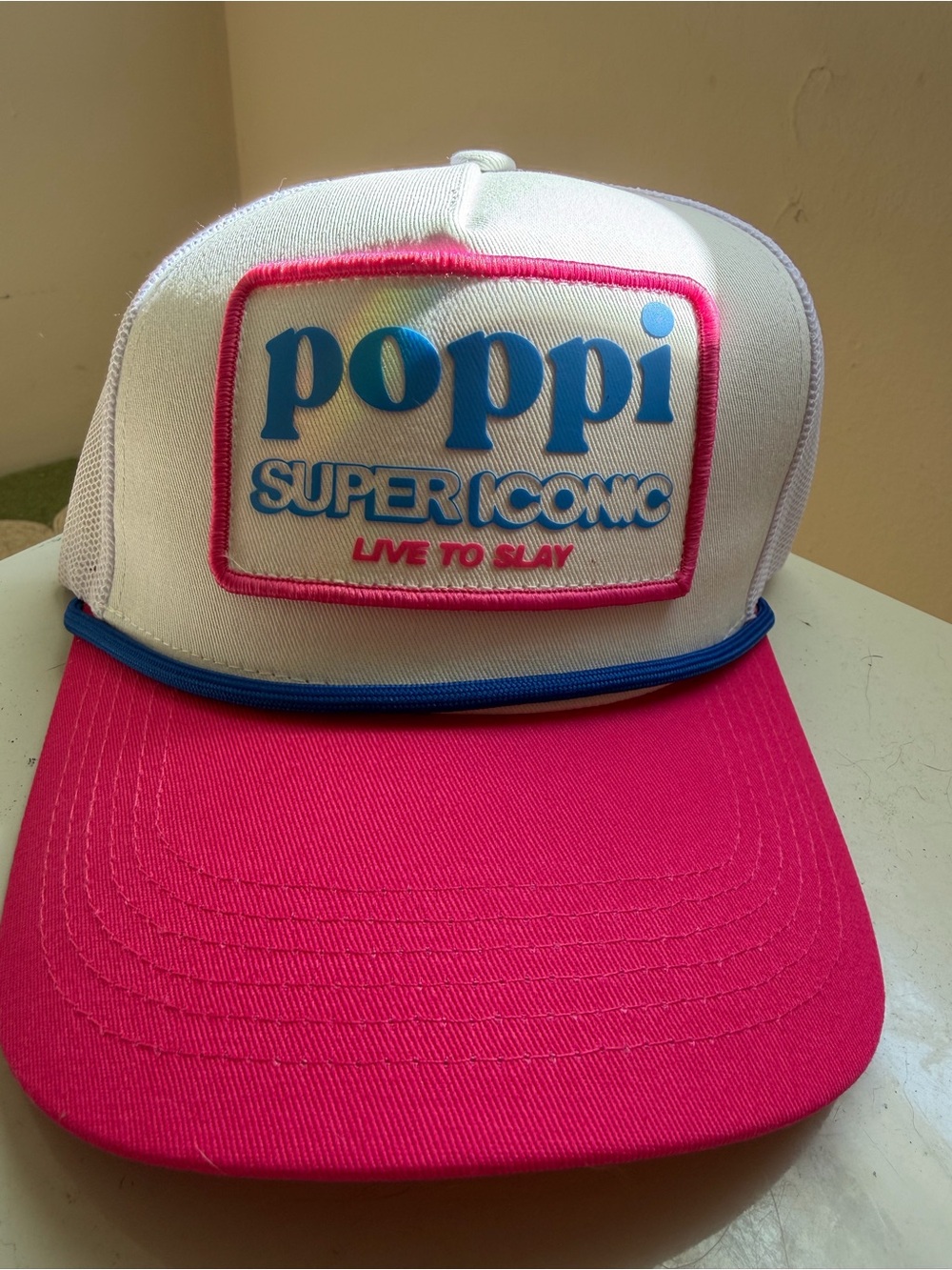Poppi Trucker Hat in Pink, White & Blue